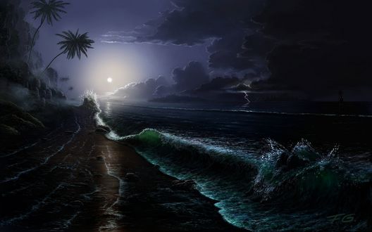Обои на рабочий стол Накатывающие волны моря на ночное побережье, где то вдалеке виднеются вспышки молний и корабль