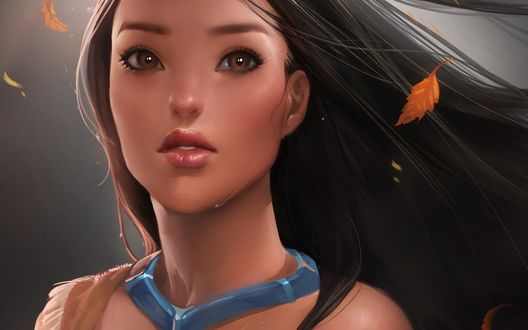 Обои на рабочий стол Покахонтас / Pocahontas  с черными волосами, вокруг неё парят осенние листья (Art )