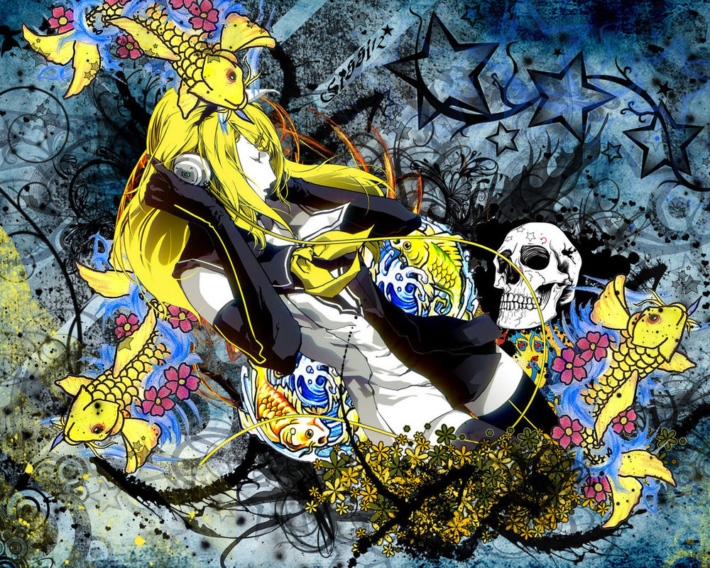 Обои для рабочего стола Vocaloid Kagamine Rin / Вокалоид Кагамине Рин среди узоров граффити, звёзд, рыб, цветов и черепов, в наушниках слушает музыку (Sissi12)