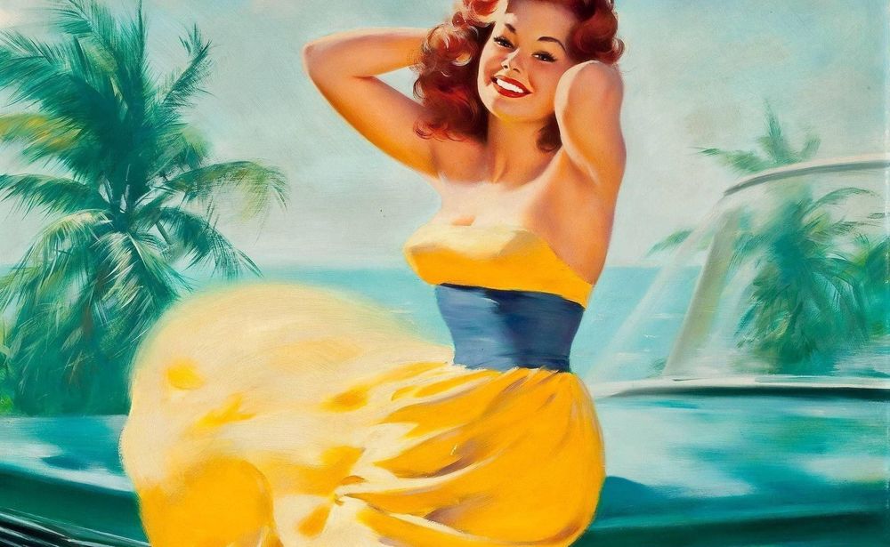 Обои для рабочего стола Девушка в желтом платье около машины, pin-up, art by Bill Medcalf