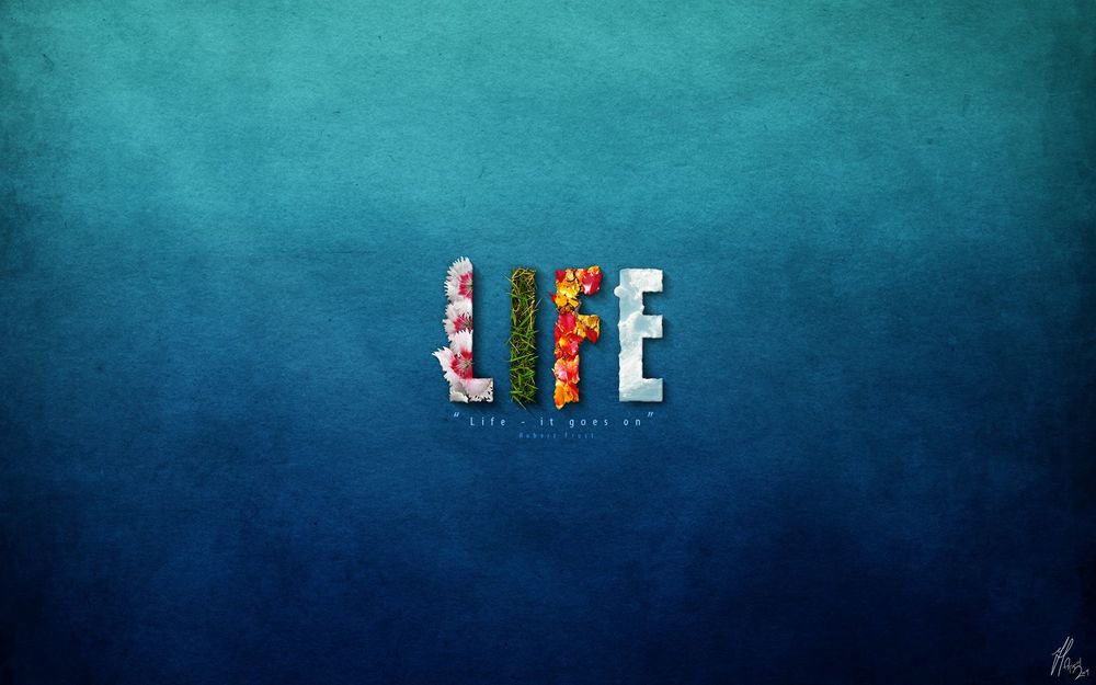 Обои для рабочего стола Слово LIFE написано разными цветами травой и снегом (LIVE Live-it goes on Robert Frost)
