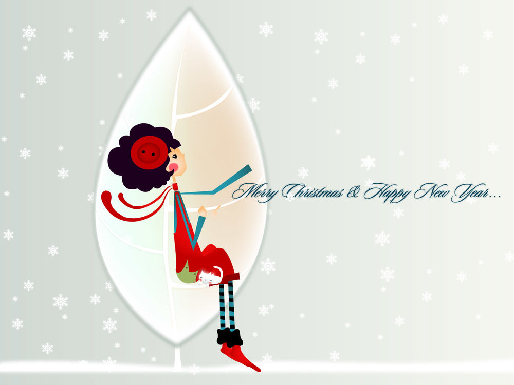 Обои для рабочего стола Девочка в новогоднем костюме сидит на фоне дерева и падающих снежинок и мечтательно смотрит вверх, рядом спит белый котёнок (Merry Christmas & Happy New Year)