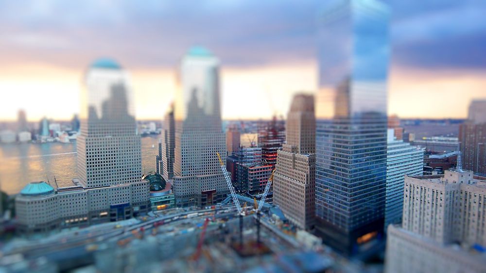 Обои для рабочего стола Небоскребы мегополиса с эффектом тилт шифт / tilt shift