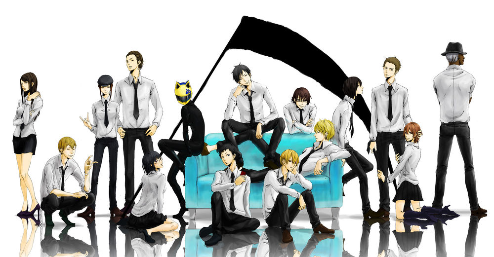 Обои для рабочего стола Все персонажи аниме Дюрарара / Durarara собрались в комнате с зеркальным полом и бирюзовым диваном посередине
