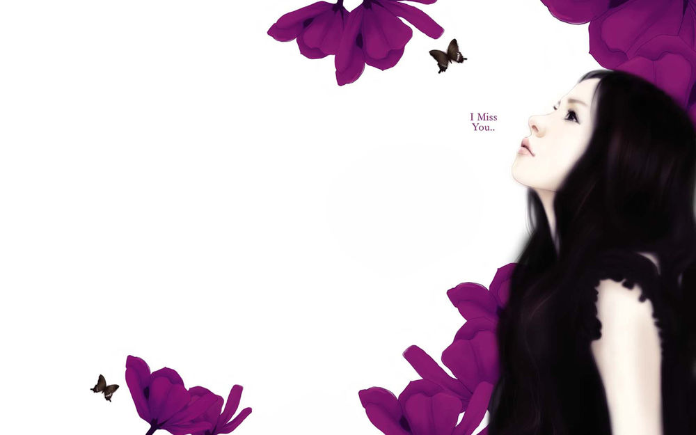 Обои для рабочего стола Милая девушка-брюнетка в чёрном на белом фоне среди фиолетовых цветов с порхающими возле них бабочками смотрит вверх (i miss you..)