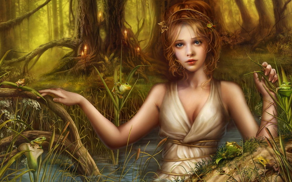 Обои для рабочего стола Девушка стоит в неглубокой речке в лесу