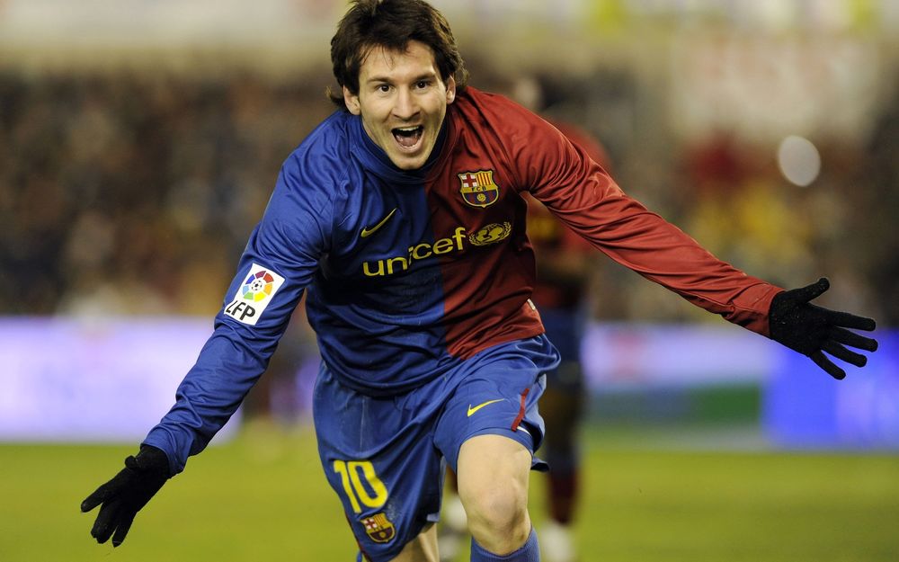 Обои для рабочего стола Лионель Месси /Lionel Messi-аргентинский футболист выступающий за футбольный клуб Барселона, Испания /Barcelona, Spain выражает бурю эмоций на футбольном поле
