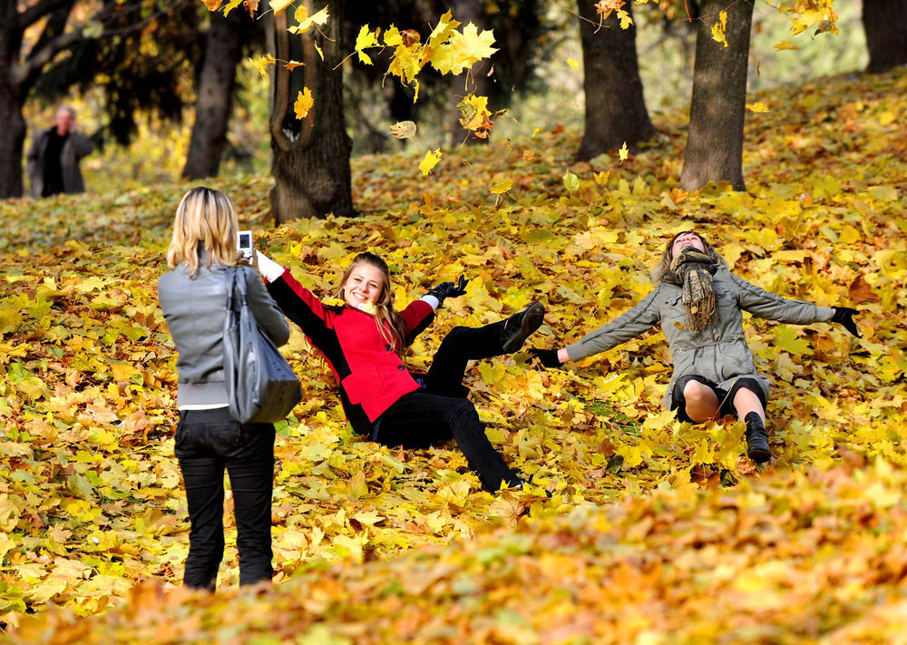 Обои для рабочего стола Девушки позируют для фото в осенней листве в парке Минска