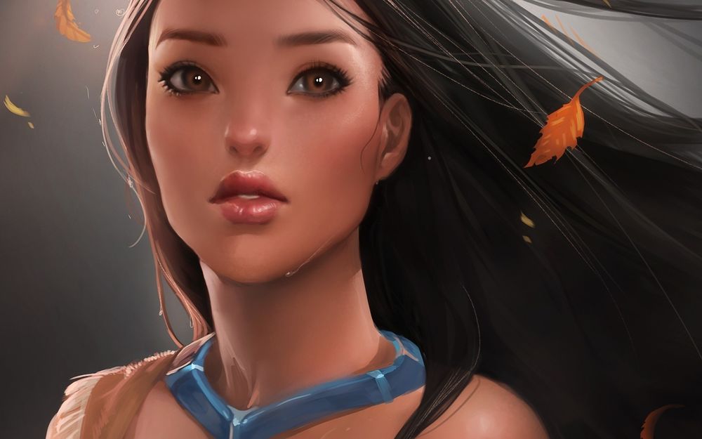 Обои для рабочего стола Покахонтас / Pocahontas  с черными волосами, вокруг неё парят осенние листья (Art )
