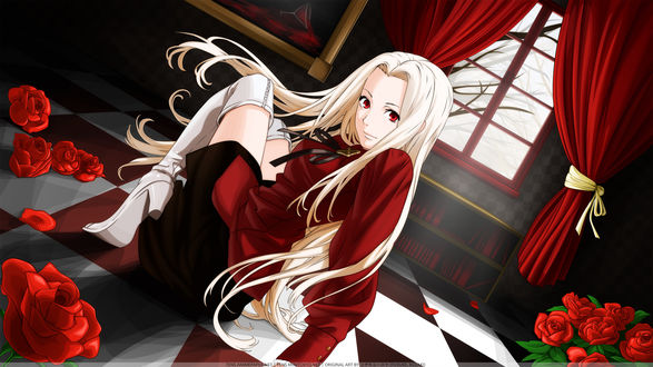 Обои на рабочий стол Irisviel Von Einzbern / Ирисвиль Эйнсберн из аниме Судьба: Начало / Fate: Zero сидит в комнате у окна на полу в чёрно-белый квадрат среди роз
