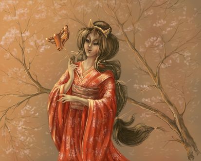 Обои на рабочий стол Японская девушка держит в руке маску