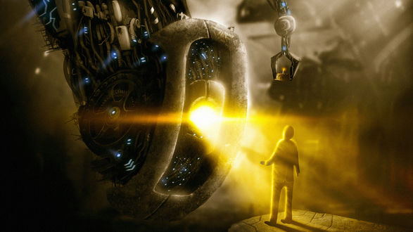 Обои на рабочий стол Робот дарит человечку торт ко дню рождения, игра Portal 2 / Портал 2