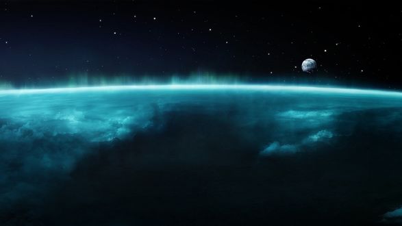 Обои на рабочий стол Голубая поверхность Земли и далекая крошечная Луна