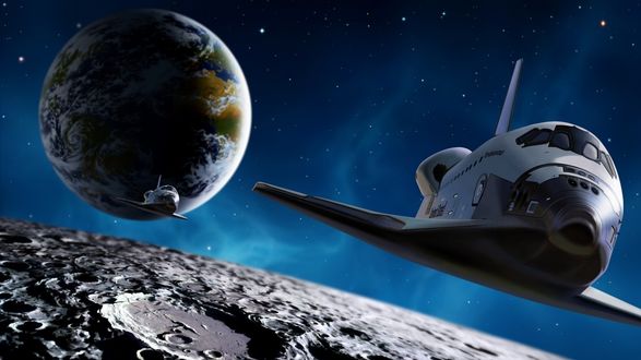 Обои на рабочий стол Космические автобусы, везущие на Луну ученых, Планета Земля и далекие звезды