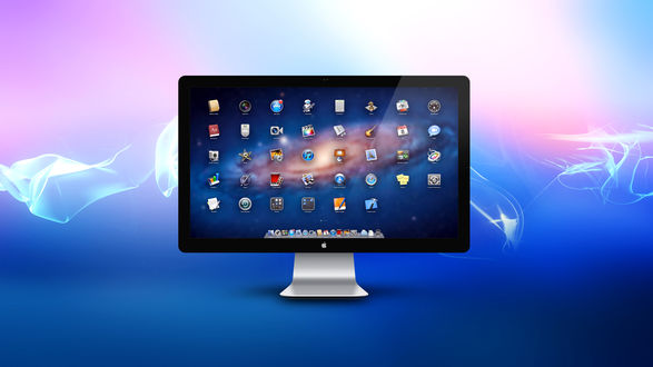 Обои на рабочий стол Монитор Apple Cinema Display 27 на фоне голубых всплесков
