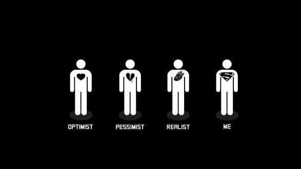 Обои на рабочий стол Как четыре человека относятся к любви: optimist / оптимист, pessimist / пессимист, realist / реалист, me / я