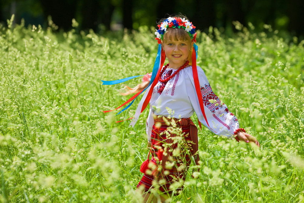 Обои для рабочего стола Девочка в украинской одежде в поле