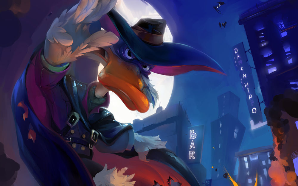 Обои для рабочего стола Darkwing Duck / Черный Плащ в городе Сэн-канар на фоне луны и зданий