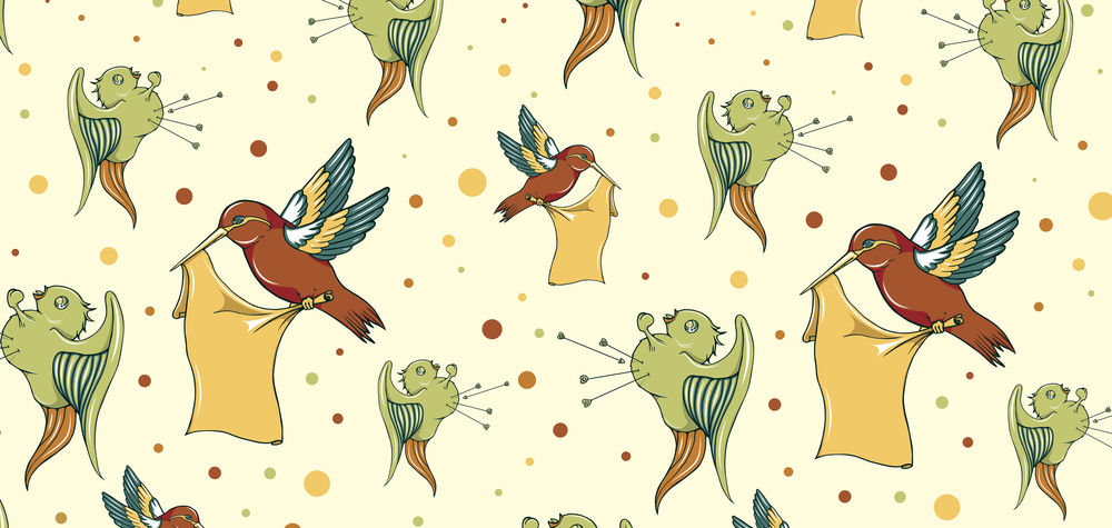 Обои для рабочего стола Птицы калибри с кусками ткани летают среди разноцветных кружков