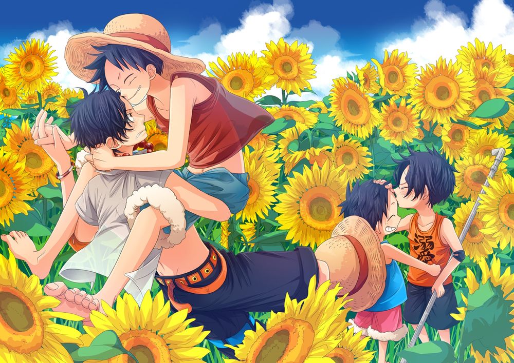 Обои для рабочего стола Луффи / Luffy и Эйс / Ace из аниме Ван Пис / One Piece обнимаются среди желтых подсолнухов