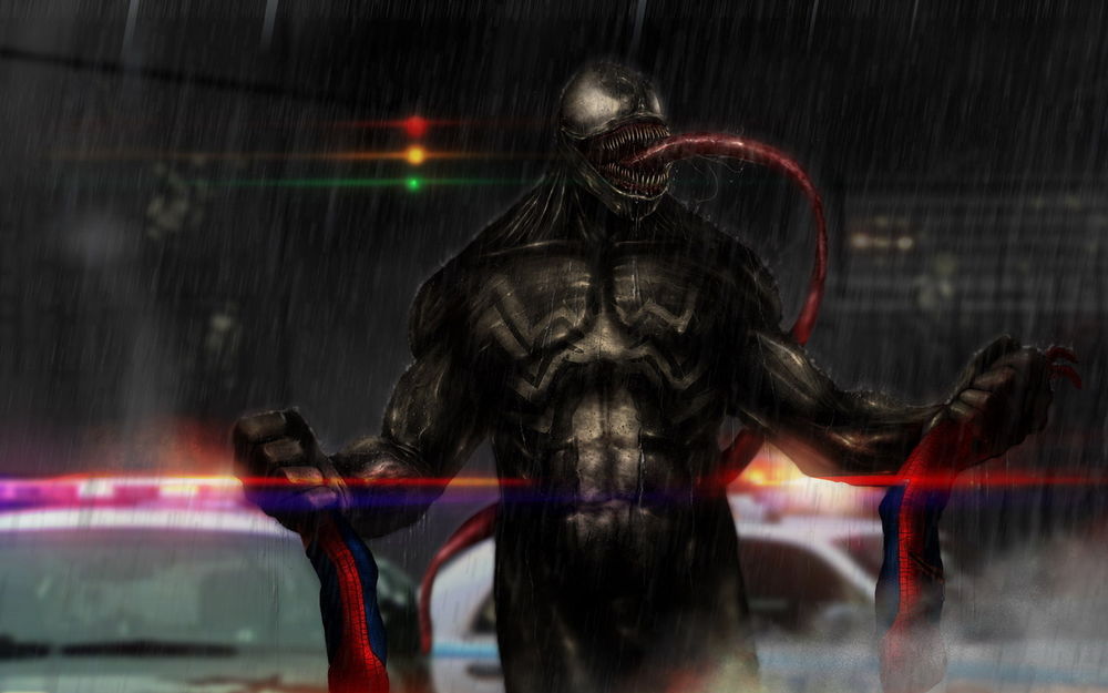 Обои для рабочего стола Venom / Веном, злодей из фильма Человек-паук / Spider Man под дождем, окруженный машинами полиции