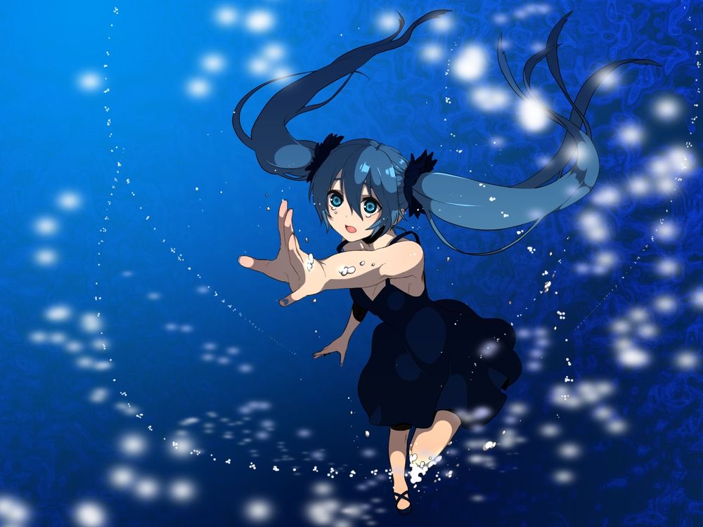 Обои для рабочего стола Плачущая вокалоид Хатсуне Мику / vocaloid Hatsune Miku под водой тянется куда-то рукой, арт на песню Deep-Sea Girl