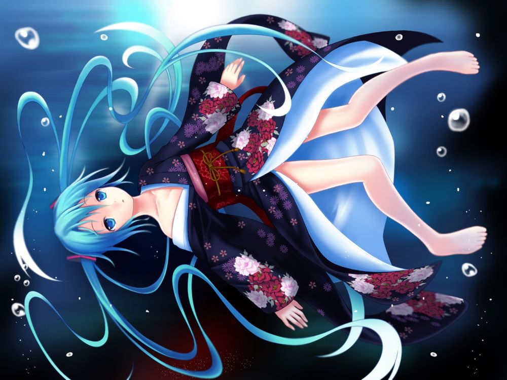 Обои для рабочего стола Vocaloid Hatsune Miku / Вокалоид Хатсуне Мику в нарядном кимоно под водой, арт на песню Deep-Sea Girl