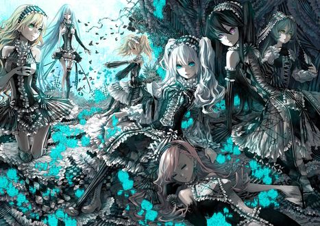 Обои на рабочий стол Семь девушек в образе Готической Лолиты / Gothic Lolita