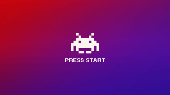Обои на рабочий стол Персонаж игры Space Invaders / Звездные захватчики на красно-синем фоне (Press Start)