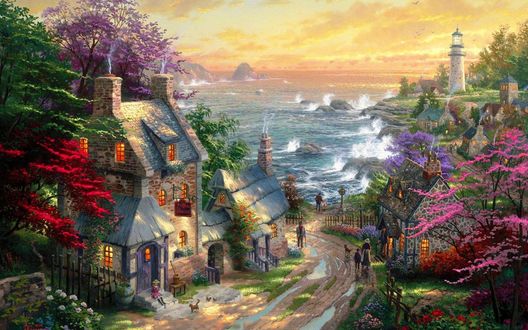Обои на рабочий стол Уютный морской поселок, художник Thomas Kinkade / Томас Кинкейд