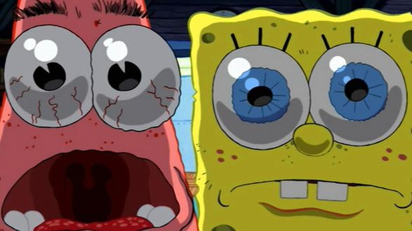 Обои на рабочий стол Патрик Стар / Patrick Star и  Спанч Боб Квадратные Штаны / Sponge Bob Square Pants из мультсериала удивленны и испуганы