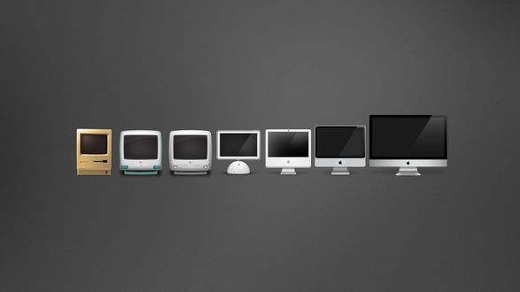 Обои на рабочий стол Эволюция мониторов и компьютеров Apple / Эппл, 7 мониторов на сером фоне