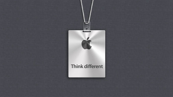 Обои на рабочий стол Бэдж Apple / Эппл на сером фирменном фоне с измененным логотипом в виде головы Стива Джобса / Steve Jobs (Think different / Мысли иначе)