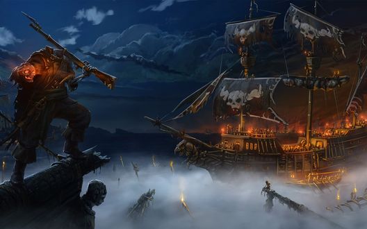 Обои на рабочий стол Месть королевы Анны / Queen Anne’s Revenge — флагманский корабль пирата Черная Борода в ночном море