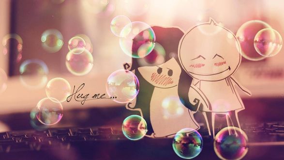 Обои на рабочий стол Вырезанные из бумаги фигуры парня и девушки (Hug me... / Обними меня... )