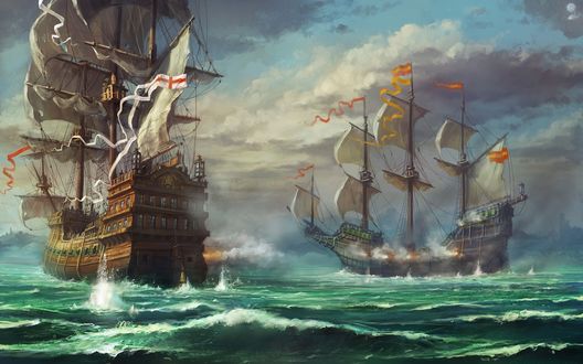 Обои на рабочий стол Сражение двух кораблей в море