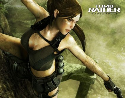 Обои на рабочий стол Лара Крофт / Tomb Raider с пистолетом повисла на дереве (underworld)