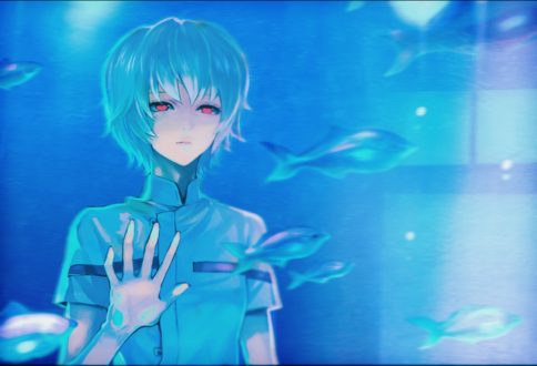 Обои на рабочий стол Ayanami Rei / Рей Аянами из аниме Евангелион / Evangelion приложила руку к стеклу аквариума и смотрит на проплывающих мимо неоновых рыб