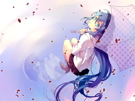 Обои на рабочий стол Vocaloid Miku Hatsune / Вокалоид Мику Хатсуне с крыльями за спиной сидит на корточках с зонтиком в руках