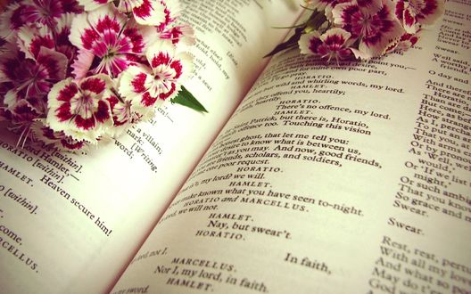 Обои на рабочий стол Цветы на раскрытой книге У.Шекспира / W.Shakespeare -  'Hamlet' / 'Гамлет'