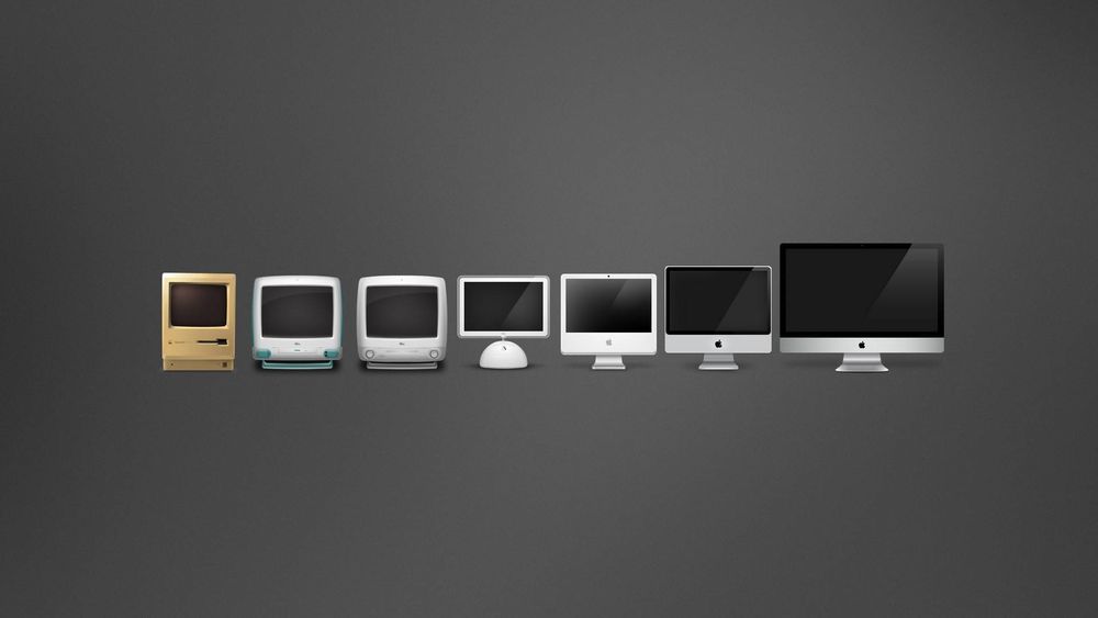 Обои для рабочего стола Эволюция мониторов и компьютеров Apple / Эппл, 7 мониторов на сером фоне