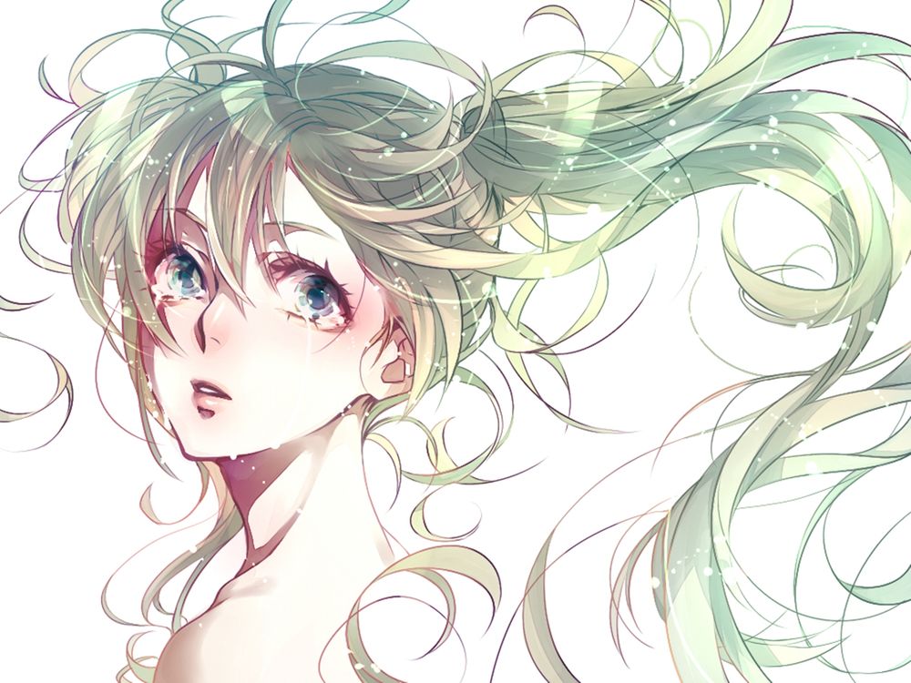 Обои для рабочего стола Вокалоид Хатсене Мику / vokaloid Hatsune Miku с развивающимися на ветру волосами плачет