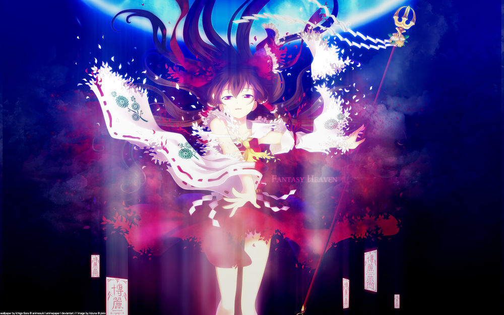 Обои для рабочего стола Hakurei Reimu / Рейму Хакурей из Тохо / Touhou Project творит свою магию ночью под полной луной