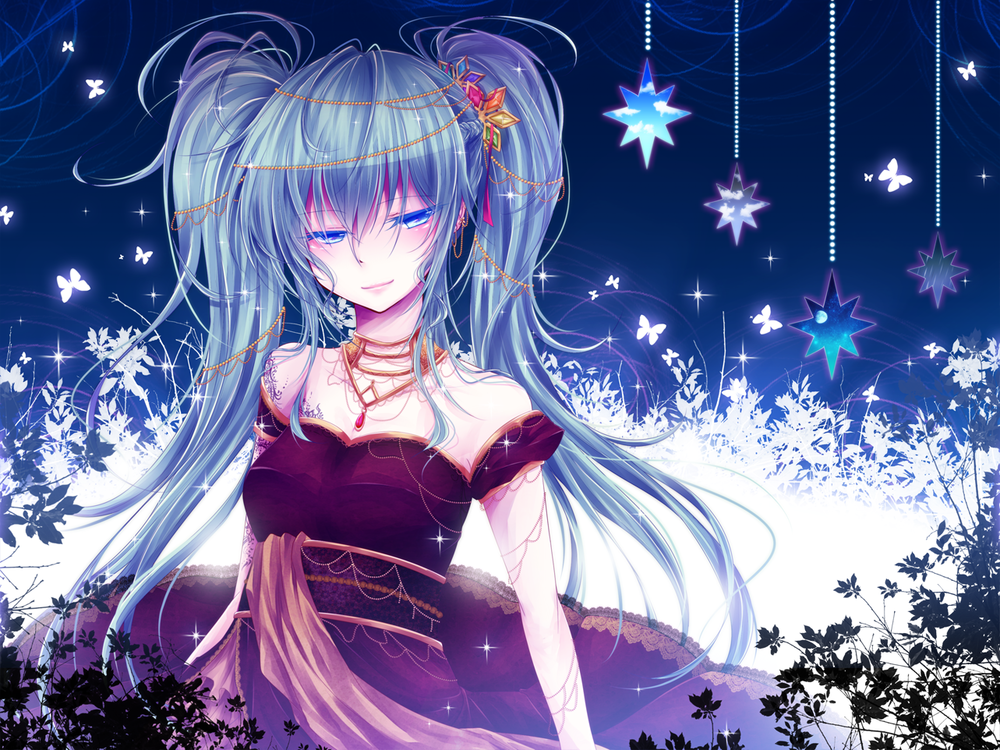 Обои для рабочего стола Vocaloid Miku Hatsune / Вокалоид Мику Хатсуне и подвешенные звезды