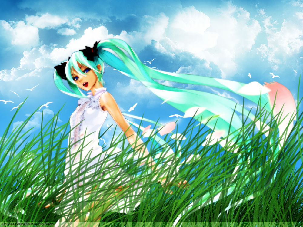 Обои для рабочего стола Вокалоид Мику Хатсуне / Vocaloid Miku Hatsune на фоне высокой травы и неба