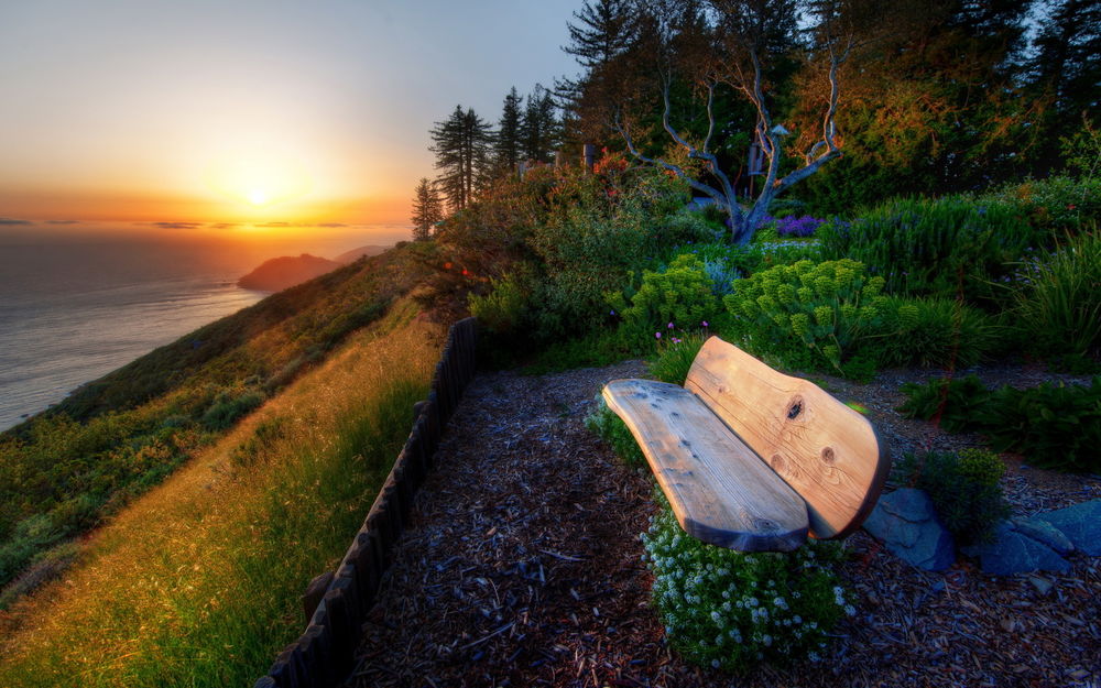 Обои для рабочего стола Морской берег, на переднем плане деревянная скамейка в окружении цветов, на линии горизонта виден заход солнца