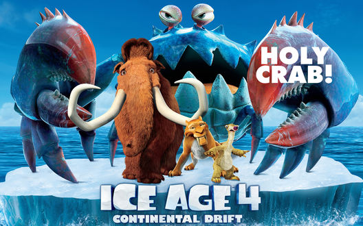 Обои на рабочий стол Мультфильм Ice age 4 / Ледниковый период 4, Главные герои плывут на льдине, за их спинами притаился гигантский краб (Континентальный дрифт / Continental Drift, Holy Crab!)