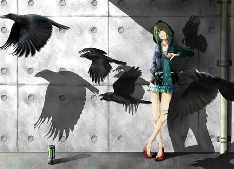 Обои на рабочий стол Вокалоид Гуми Мегпоид / Vocaloid Gumi Megpoid стоит возле стены, рядом с ней пролетают вороны