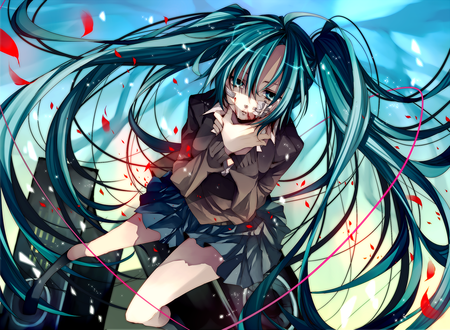 Обои на рабочий стол Вокалоид Мику Хатсуне / Vocaloid Miku Hatsune держится за горло