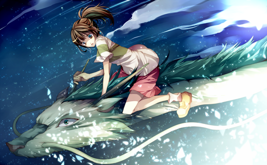 Обои на рабочий стол Ogino Chihiro / Тихиро Огино едет верхом на драконе Хаку / Haku, аниме ''Унесённые призраками / Spirited Away''